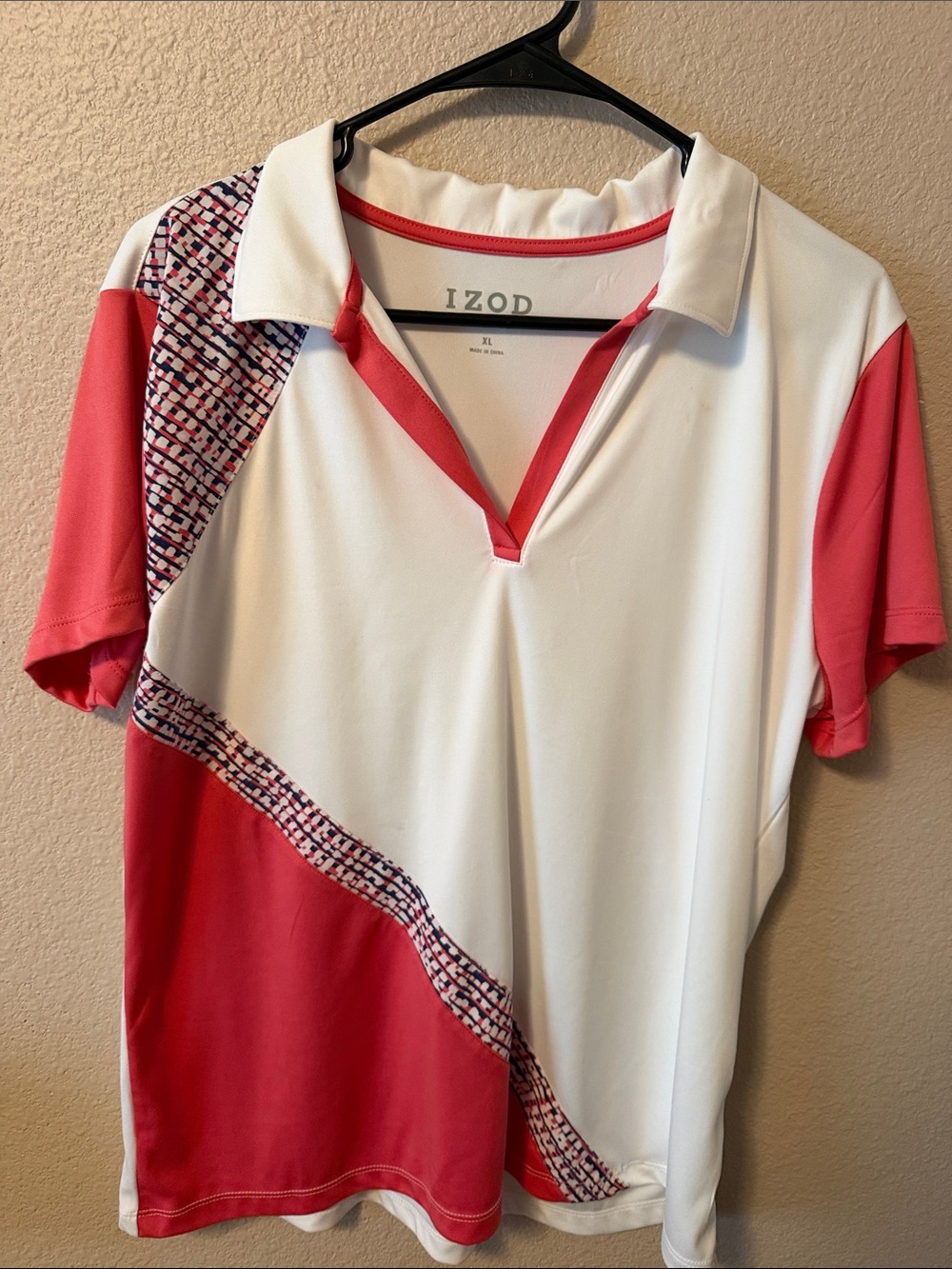 Izod Golf White and Coral Short Sleeve Button Down Style Polo
